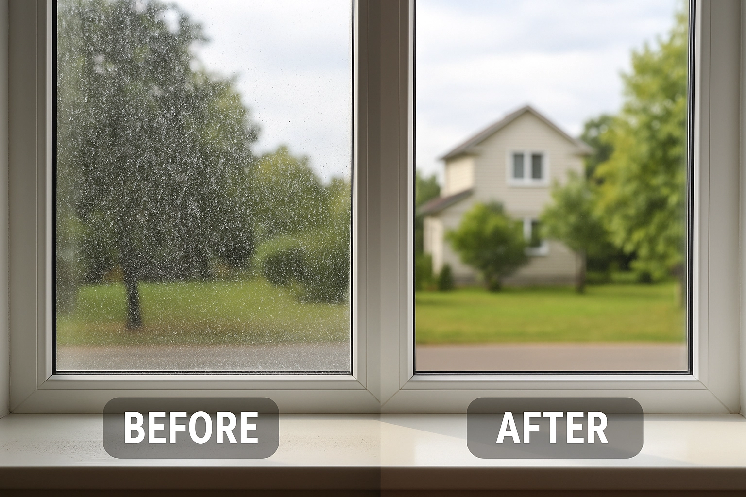Before and after window cleaning — crisp, sparkling glass