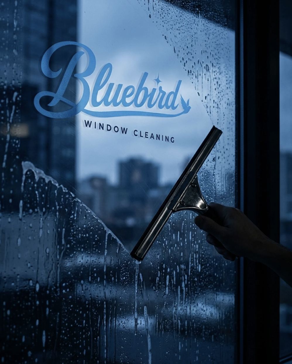 Bluebird Window Cleaning squeegee on a rain-streaked city window